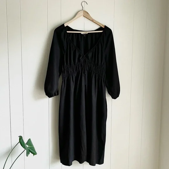 Universal Thread Black Linen Midi 3/4 Puff Sleeve Ruched Peasant Dress‎ … - Picture 2 of 10